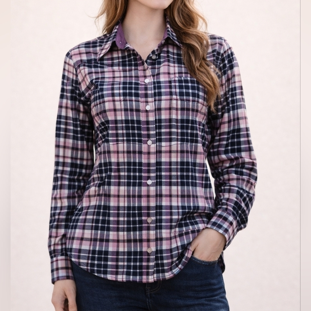 CRUEL GIRL Navy Blue & Pink Plaid Button Down Rodeo Shirt